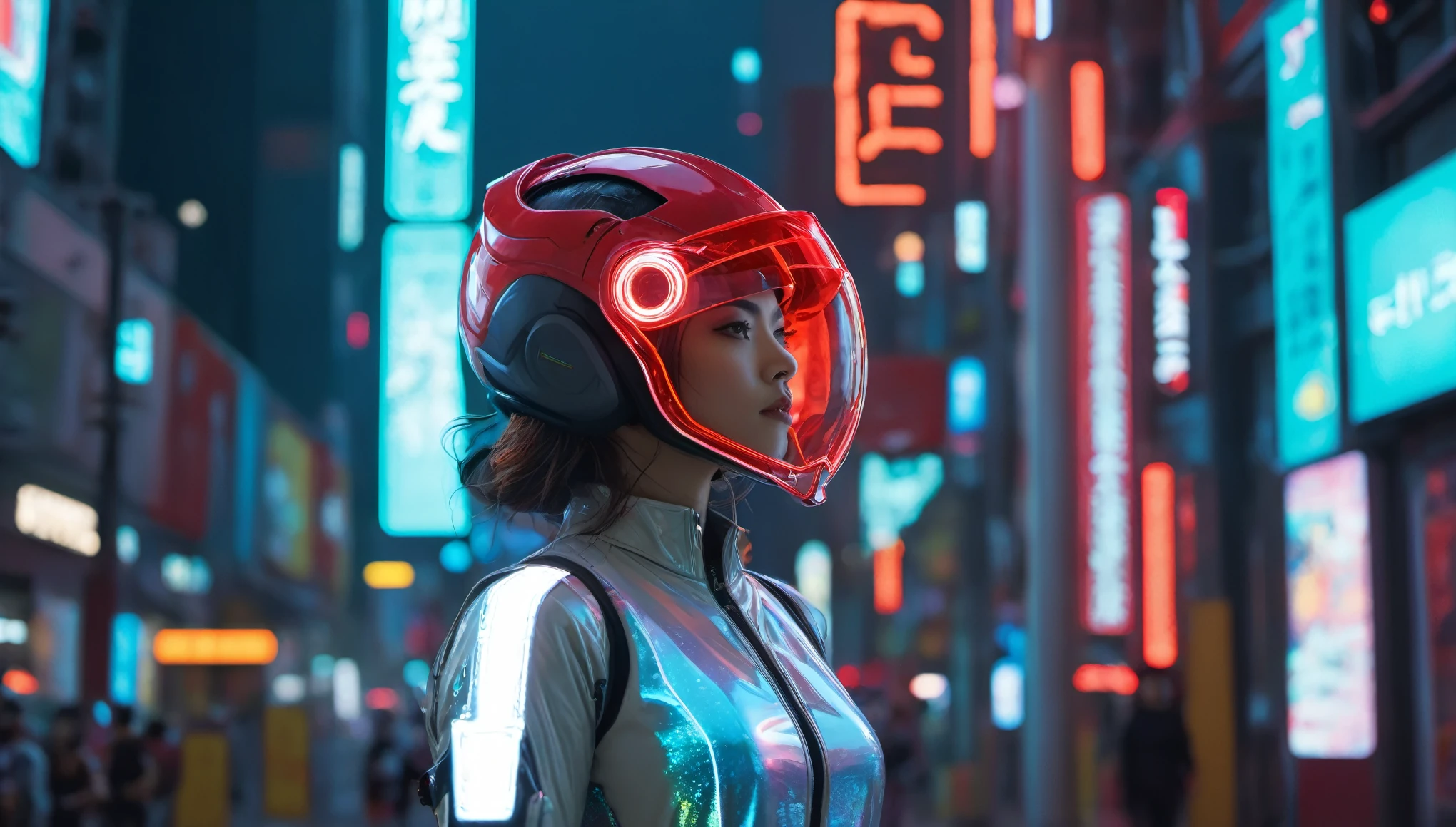 Una mujer hermosa，Wearing a translucent holographic helmet, Estilo de corrimiento al rojo 35 mm F2, day time, Ciudad Cyberpunk Neo Tokio, Neo Hong Kong, fantasma en la concha, cinematographic lighting, volumetric lighting, Criminales que se demoran, (alto contraste:1.2), reflexiones, 8K, Hyper realistic, enfocado, incredible detail, Motor irreal 5, cinematographic, renderizado de octanaje, trazado de rayos, paisaje, detailed simon stalenhag paisaje