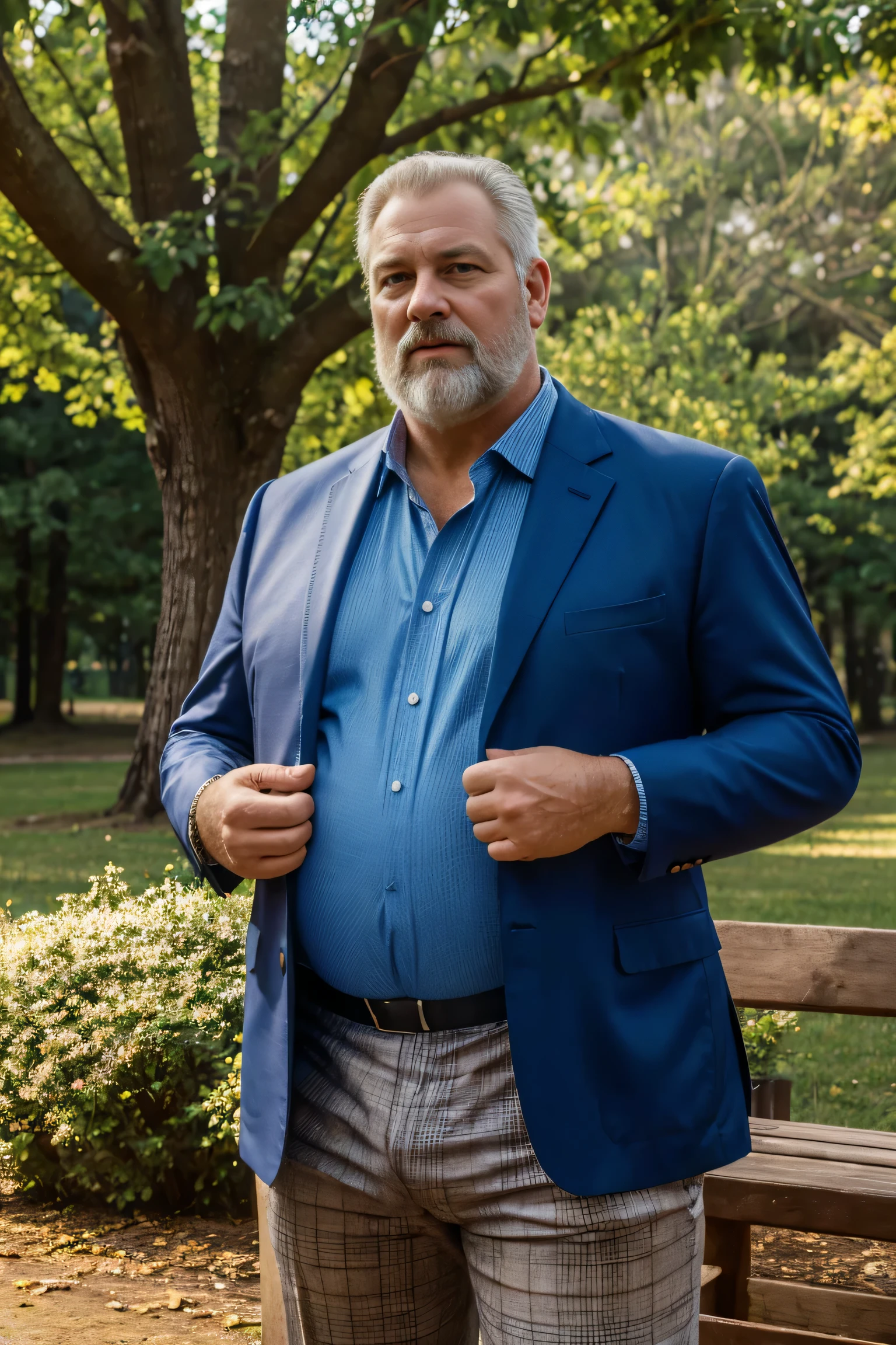 Arafed man in a blue jacket and plaid pants standing in a park - SeaArt AI