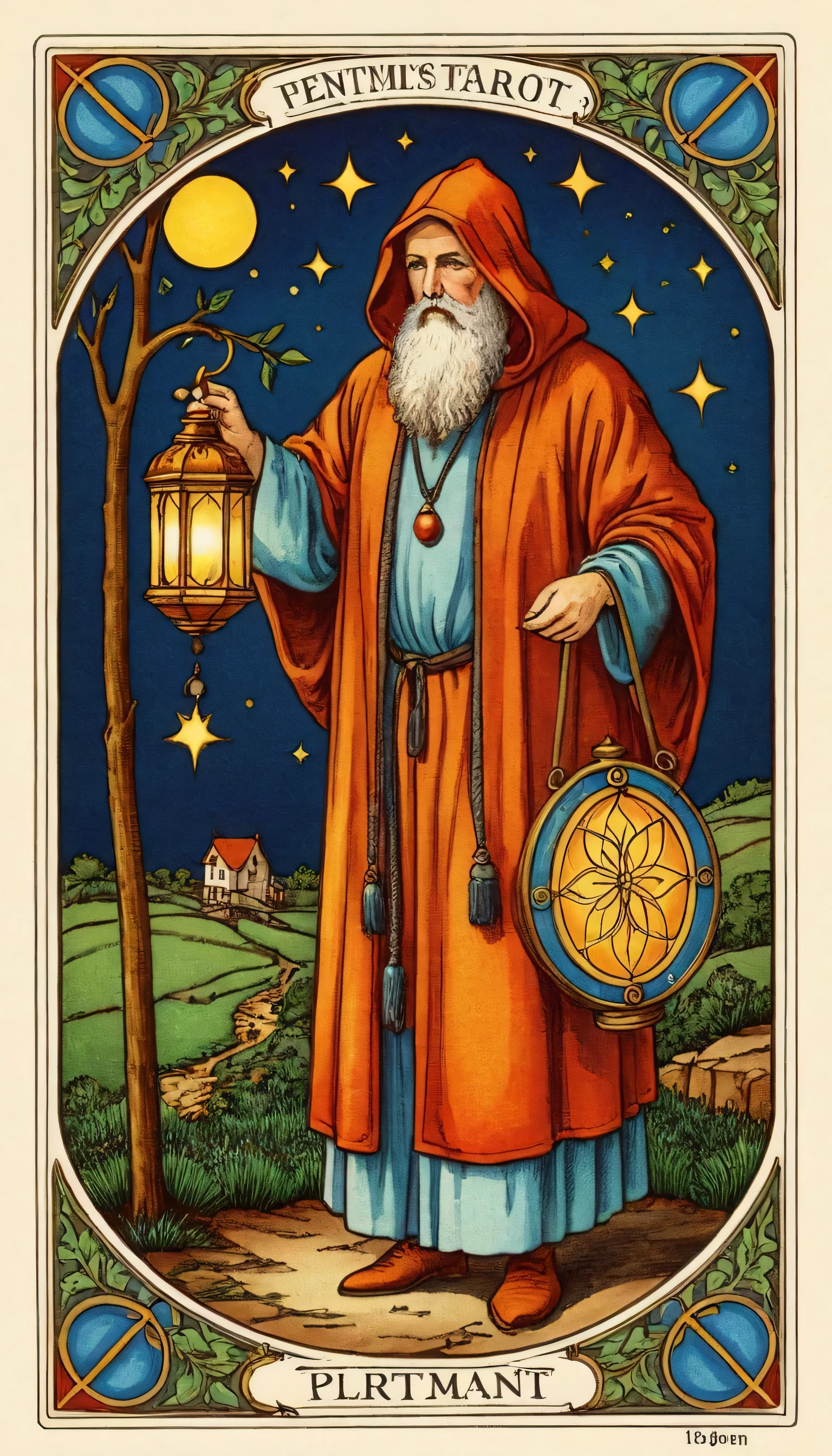 tarot cards:hermit:Elderly man with a lantern:Robe with hood:put on a hood,An illustration,((hermit)),Impressive,Adobe An Illustrator,draw with thick lines,rich colors,mysterious,,masterpiece,best masterpiece,Light and shadow,draw carefully,calm colors,fantasy,(dark fantasy),rendering,,zentangle elements,focus,emphasize,Tarot cards style white frame,retro