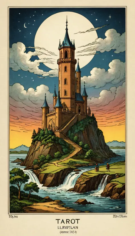 tarot cards:tower:falling tower:break,destruction by lightning strike,an illustration,((lightning strike)),impressive,a card tha...