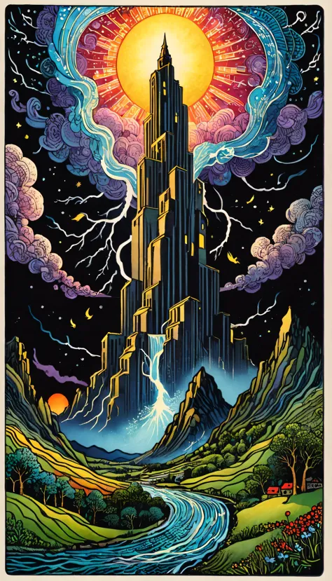 tarot cards:tower:falling tower:break,Destruction by lightning strike,An illustration,((lightning strike)),Impressive,A card tha...