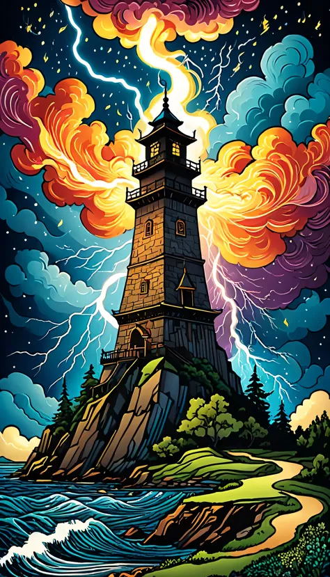 tarot cards:tower:An illustration,((lightning strike)),tower destroyed by lightning,Adobe An Illustrator,draw with thick lines,r...