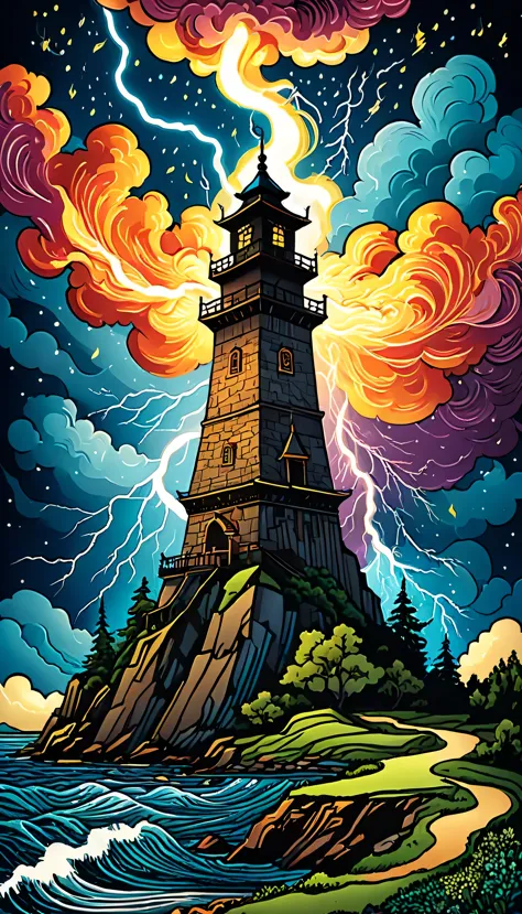 tarot cards:tower:an illustration,((lightning strike)),tower destroyed by lightning,adobe an illustrator,draw with thick lines,r...