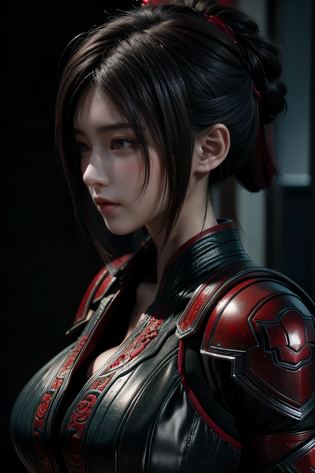 Masterpiece,Game art,The best picture quality,Highest resolution,8K,(Portrait),Unreal Engine 5 rendering works,(Digital Photography),
Girl,Beautiful pupil,(Gradual short hair is blue and red),Busty,(Big breasts),(Portrait photography:1.5),
(A chivalrous woman in Tang Dynasty),Casual hairstyle,Delicate faces,(Full breasts,Big breasts),Serious,Cool and elegant,(Wearing combat armor combined with the characteristics of ancient Chinese clothing,A complex pattern,Mysterious light,Hollow Armor),(Red and black),Ancient fantasy style characters
Movie lights，Ray tracing，Game CG，((3D Unreal Engine))，oc render reflection texture