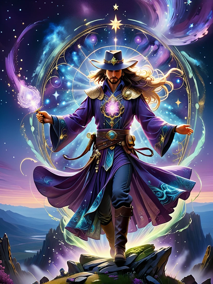 ((Long shot:1.9))，((panoramic))，(tarot card:1.5，Rotational symmetry，center)，Stephen Gammel，(cowboy shot)，A figure stands on a cliff, enveloped in swirling streams of cosmic energy, amidst a dreamy, nebulous landscape. The silhouette of the person is wrapped in a flowing, ethereal gown that merges with the celestial currents. The sky is a tapestry of deep purples and blues, sprinkled with stars, and the landscape below is hinted at with soft, rolling mountains. The scene is one of tranquility and the sublime, capturing the majestic essence of the cosmos with a single, contemplative figure standing in awe，(Very detailed，Reasonable design，clear lines，High definition，best quality，masterpiece，8K)