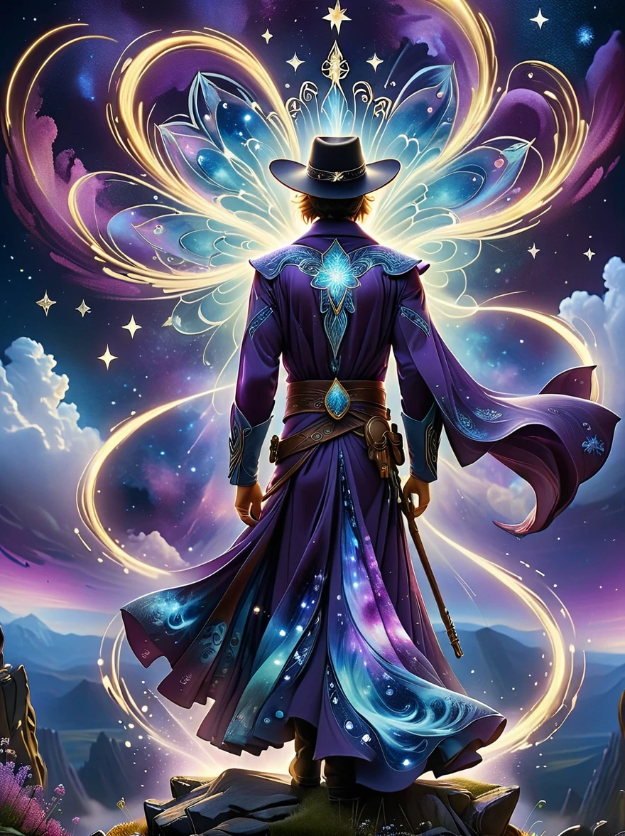 ((Long shot:1.9))，((panoramic))，(tarot card:1.5，Rotational symmetry，center)，Stephen Gammel，(cowboy shot)，A figure stands on a cliff, enveloped in swirling streams of cosmic energy, amidst a dreamy, nebulous landscape. The silhouette of the person is wrapped in a flowing, ethereal gown that merges with the celestial currents. The sky is a tapestry of deep purples and blues, sprinkled with stars, and the landscape below is hinted at with soft, rolling mountains. The scene is one of tranquility and the sublime, capturing the majestic essence of the cosmos with a single, contemplative figure standing in awe，(Very detailed，Reasonable design，clear lines，High definition，best quality，masterpiece，8K)