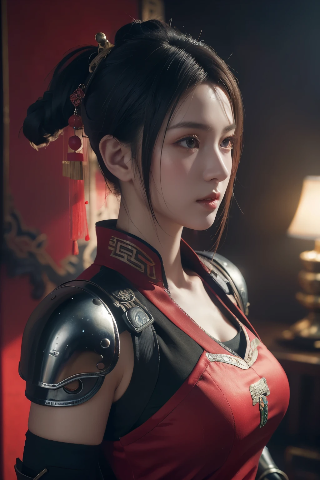 Masterpiece,Game art,The best picture quality,Highest resolution,8K,(Portrait),Unreal Engine 5 rendering works,(Digital Photography),
Girl,Beautiful pupil,(Gradual short hair is blue and red),Busty,(Big breasts),(Portrait photography:1.5),
(A chivalrous woman in Tang Dynasty),Casual hairstyle,Delicate faces,(Full breasts,Big breasts),Serious,Cool and elegant,(Wearing combat armor combined with the characteristics of ancient Chinese clothing,A complex pattern,Mysterious light,Hollow Armor),(Red and black),Ancient fantasy style characters
Movie lights，Ray tracing，Game CG，((3D Unreal Engine))，oc render reflection texture