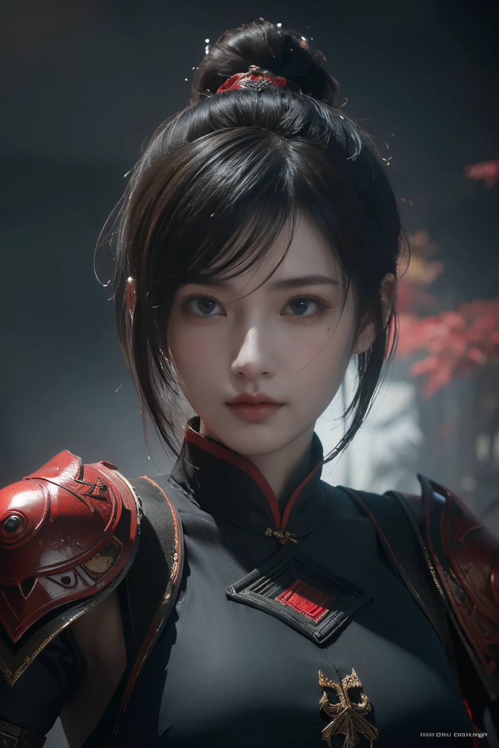 Masterpiece,Game art,The best picture quality,Highest resolution,8K,(Portrait),Unreal Engine 5 rendering works,(Digital Photography),
Girl,Beautiful pupil,(Gradual short hair is blue and red),Busty,(Big breasts),(Portrait photography:1.5),
(A chivalrous woman in Tang Dynasty),Casual hairstyle,Delicate faces,(Full breasts,Big breasts),Serious,Cool and elegant,(Wearing combat armor combined with the characteristics of ancient Chinese clothing,A complex pattern,Mysterious light,Hollow Armor),(Red and black),Ancient fantasy style characters
Movie lights，Ray tracing，Game CG，((3D Unreal Engine))，oc render reflection texture