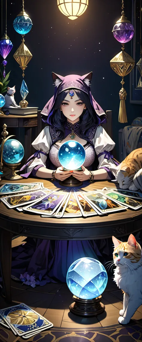 tarot fortune teller.Mysterious fortune teller is holding tarot cards.Tarot cards arranged neatly on the table.There are some ca...