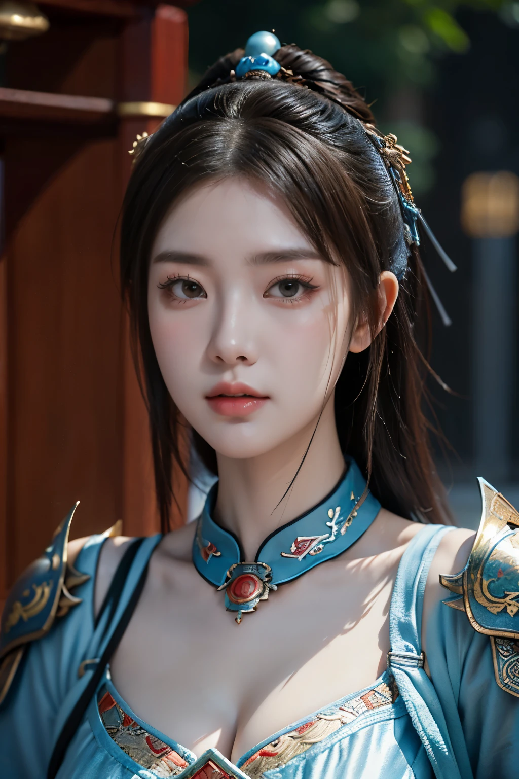 Masterpiece,Game art,The best picture quality,Highest resolution,8K,(Portrait),Unreal Engine 5 rendering works,(Digital Photography),
Girl,Beautiful pupil,(Gradual short hair is blue and red),Busty,(Big breasts),(Portrait photography:1.5),
(A chivalrous woman in Tang Dynasty),Casual hairstyle,Delicate faces,(Full breasts,Big breasts),Serious,Cool and elegant,(Wearing combat armor combined with the characteristics of ancient Chinese clothing,A complex pattern,Mysterious light,Hollow Armor),(Red and black),Ancient fantasy style characters
Movie lights，Ray tracing，Game CG，((3D Unreal Engine))，oc render reflection texture