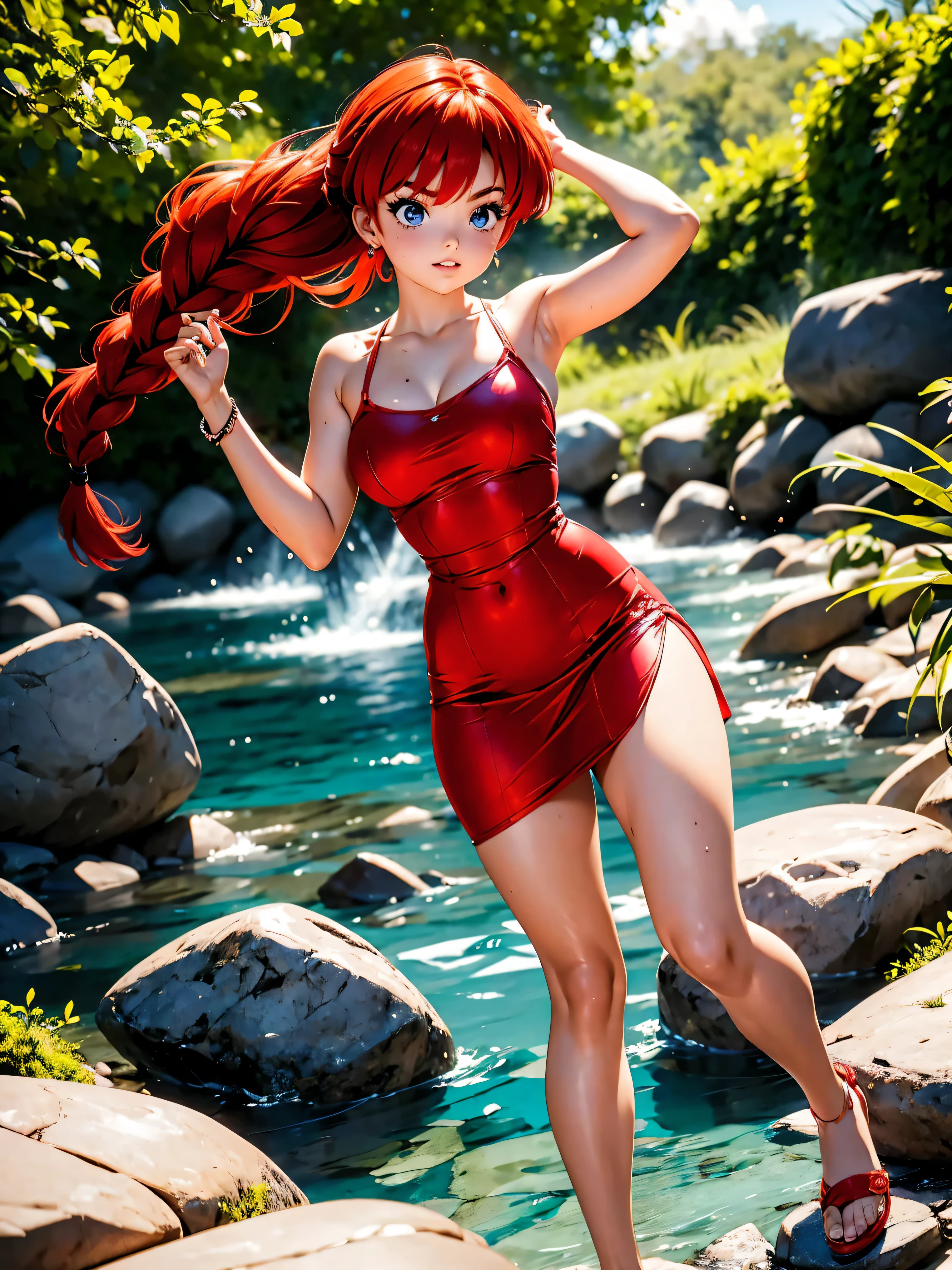 Garota anime ruiva com уши лисы, with red dress and Солнечные очки,  Солнечные очки, 15 лет, красивое тело, грудастая, с руками за головой, проводишь руками по волосам, сексуальная девушка, рыжие волосы с косой, мелирование на боковые волосы, пряди волос по бокам лица, красивое освещение, мягкие тени, голубые глаза, красивые ножки, короткие волосы с косой, аниме стиль, Ранма Чан, Аутора Румико Такахаши, По произведению Румико Такахаши., Аниме Ранма 1/ 2, украшать сексуально, крепкое бедро, все тело, все тело, большой бюст, молодая девушка с лисьими ушами, красивое и красивое тело, сандалии на ногах, garota 15 лет jovem baixa estatura, wearing red dress and Солнечные очки, Солнечные очки, аниме девушка, аниме стиль, красивые ноги в босоножках, Угол обзора спереди, на открытом воздухе, рыжая коса для волос, уши лисы, вертикальная осанка, тело в прямой позе, большие глаза, кимоно красного цвета