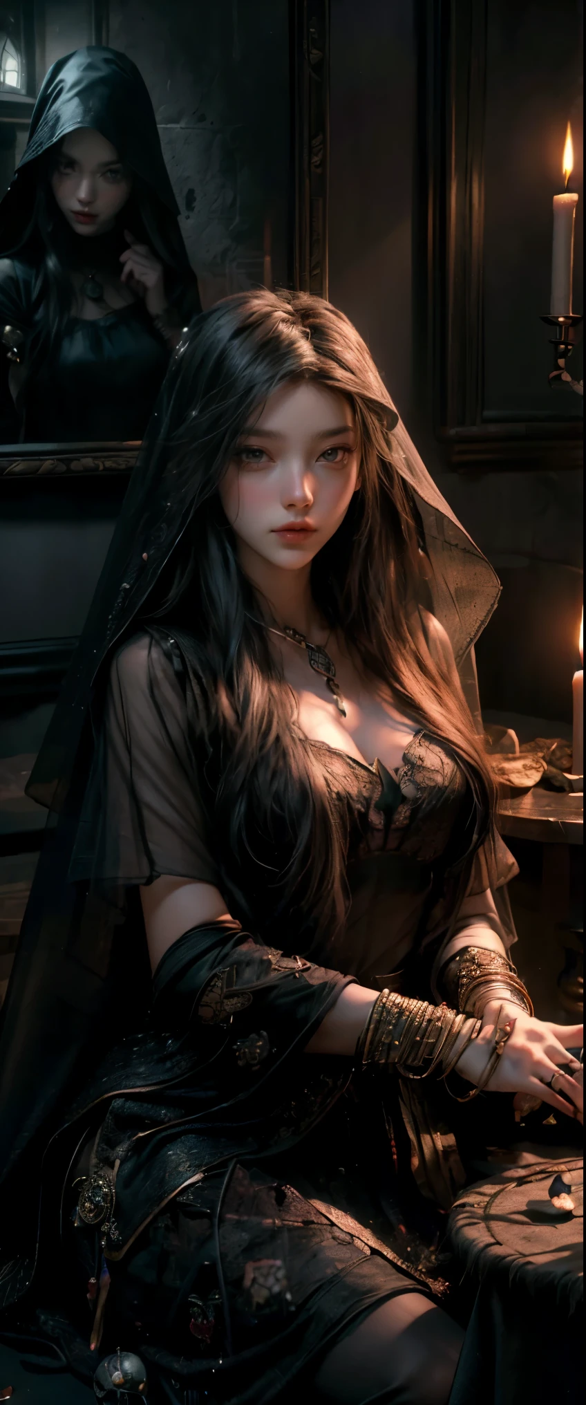 ((masterpiece, highest quality, Highest image quality, High resolution, photorealistic, Raw photo, 8K)), Tarot Cards, Tolkien, Middle Earth, ((Tarot cards laid out on the table:1.5)), (Fortune teller whose face is hidden by a veil:1.5), 8k, highly detailed, hyperrealistic, cinematic lighting, ambient lighting, Tarot cards laid out on the table, earrings, choker, necklace, jewelry, rings, dark lipstick, dark makeup, circlet, sitting behind! a table, one! fortune teller orb on the table, one! skull on the table, candles, in a small dark medieval room, 