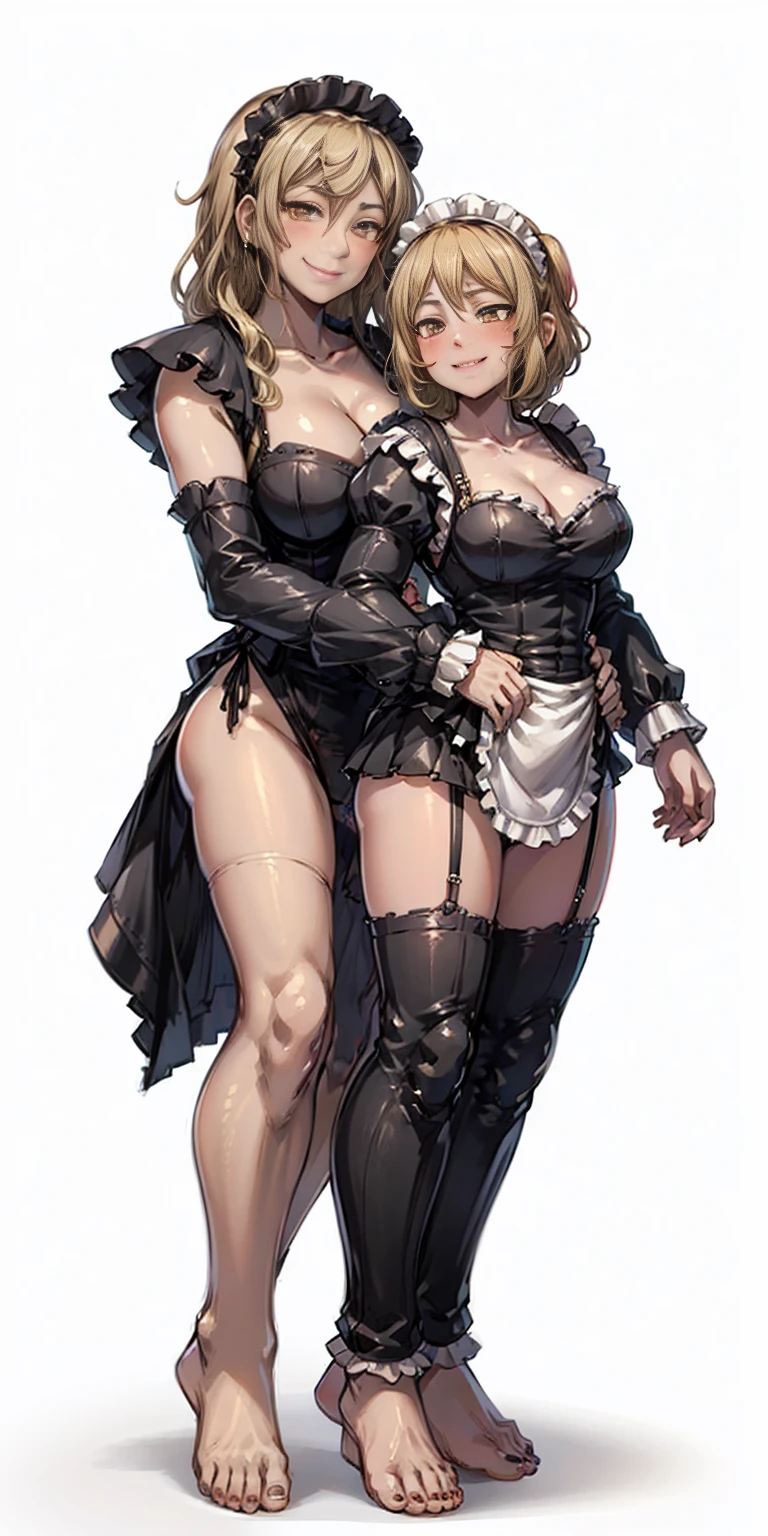 ((White background)) 1mother with daughter showing her asses,barefeet, cute, ((Short black hair girl and long blonde hair girl)), maid victorian, maid apron, straight face, dazed, Body position: Standing, straight, symmetrical, barefoot, smile face, lustful smirking smile face red blushed red cheeks
