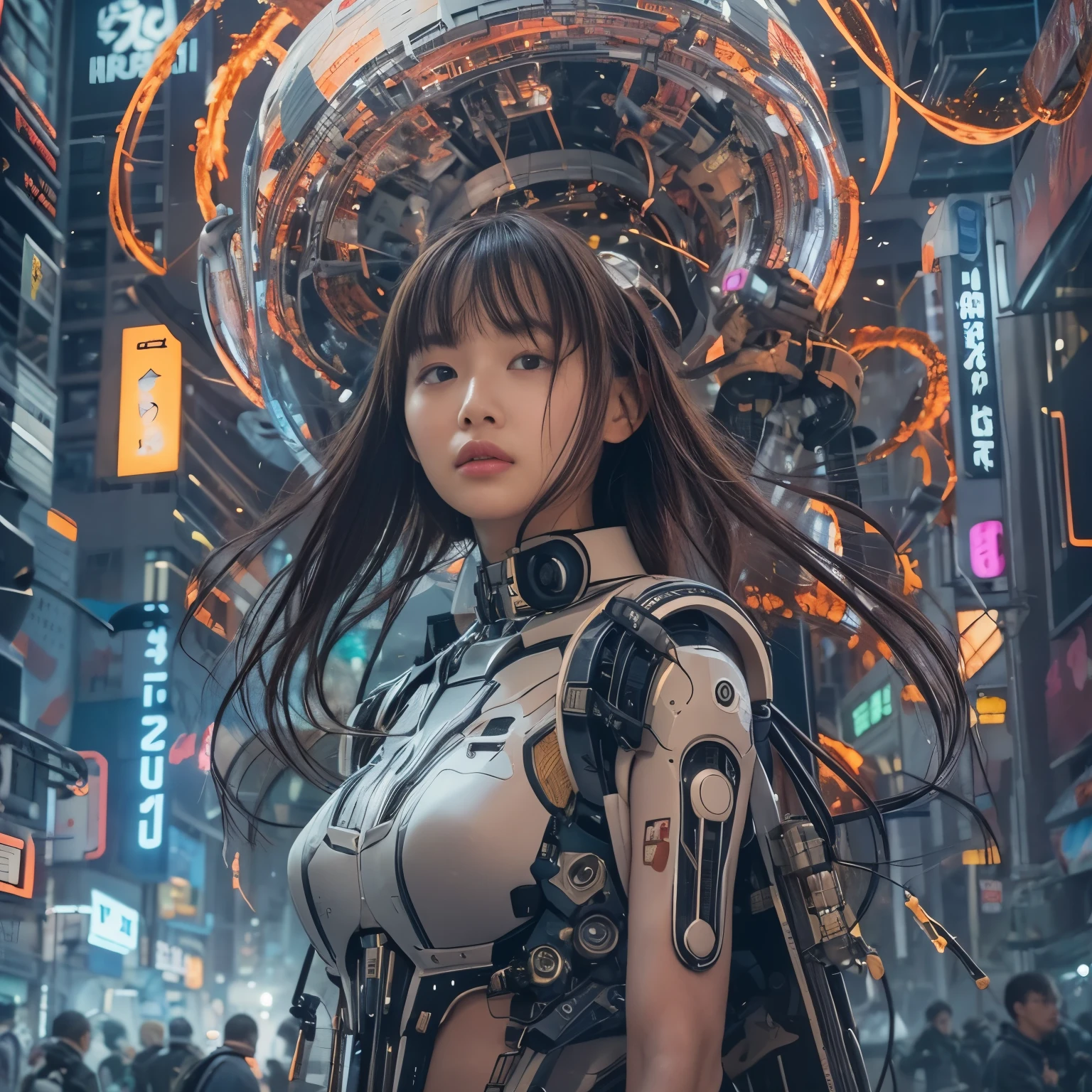 （eine junge schöne Japanerin、Mehrere Roboter zerstören die Stadt）、SF、Eine Frau mit telekinetischen Kräften、Der Raum um die Frau&#39;s Körper erscheint verzerrt.、Zerstörte Metropole、Fordere die Eindringlinge heraus、Niedergang der Städte、lodernde Flamme、Einstürzende Hochhäuser、Aufsteigender Rauch、heftige Schlacht、Funkenflug、wirbelnde Trümmer、zerstörtes Stadtbild、futuristische Atmosphäre、（Gelenkig, Skelettartiger Eindringlingsroboter in Form einer Qualle:1.45）、futuristische Atmosphäre、lebendige Farben、überirdische Energie、dynamische Komposition、filmische Beleuchtung、postapokalyptisches Setting、entschlossener Blick、selbstbewusste Haltung、Haare flattern im Wind、leuchtende Augen、leuchtende Runen、technologisch fortschrittliche Waffen、epischer Showdown、Episches Ausmaß、Ehrfurchtgebietender heroischer Kampf、Letzter Widerstand、dystopische Zukunft、Schicksal, Die Menschheit verliert ihr Gleichgewicht、Es entstehen intensive Emotionen
