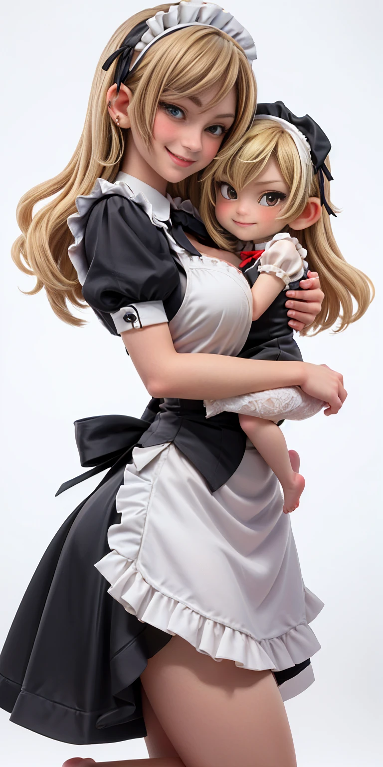 ((White background)) 1mother with daughter showing her asses,barefeet, cute, ((Short black hair girl and long blonde hair girl)), maid victorian, maid apron, straight face, dazed, Body position: Standing, straight, symmetrical, barefoot, smile face, lustful smirking smile face red blushed red cheeks