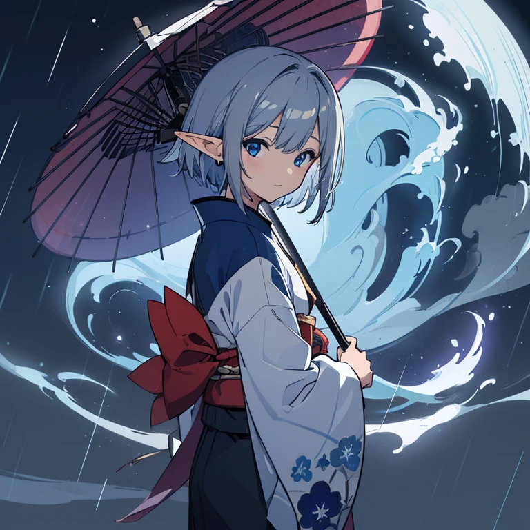 ((High resolution/high quality 8k/modern anime))、alone、(elf boy)、((dark blue eyes))、(light silver berry short hair)、kimono、Japanese style、rain、Holding a Japanese umbrella、ephemeral