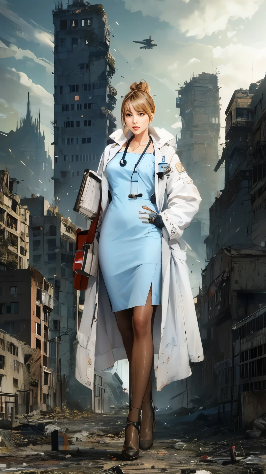 arafed woman in a blue dress and coat standing in a city, nurse girl, doctor, cyberpunk hiroshima, nurse's leather suit, gordon freeman as a woman, glamorous jill valentine, cyberpunk jackie welles, (doctor), cushart krenz key art feminine, inspired by Leng Mei, inspired by Claire Falkenstein, cyberpunk femme fatale