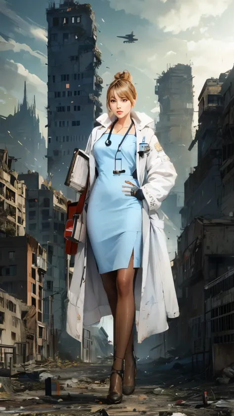 arafed woman in a blue dress and coat standing in a city, nurse girl, doctor, cyberpunk hiroshima, nurse's leather suit, gordon ...