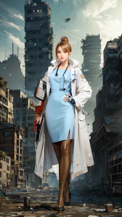 arafed woman in a blue dress and coat standing in a city, nurse girl, doctor, cyberpunk hiroshima, nurse's leather suit, gordon ...