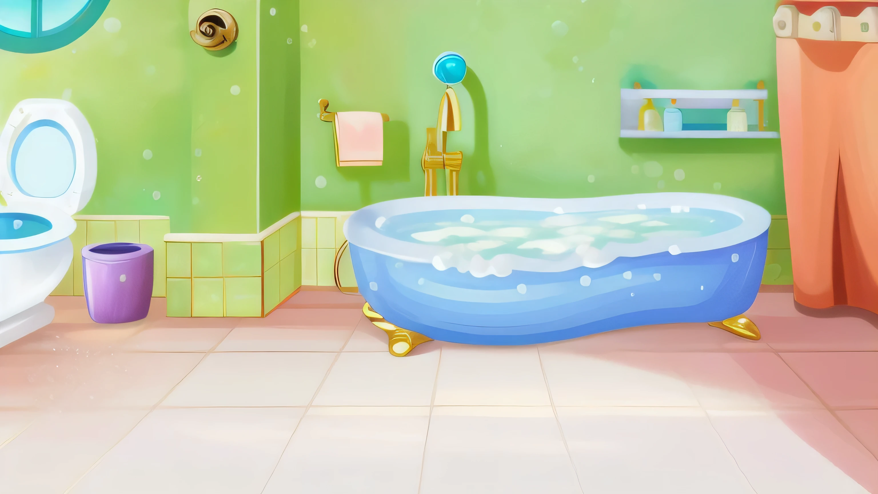 cartoon bathroom with a blue bathtub and a toilet, bubble bath, bathtub, bubbly scenery, in bathroom, random background scene, cute caracal in bathtub, bathhouse, anthropomorphic dog cleaning, detailed scene, bubbly underwater scenery, bath, in a bathroom, sink, clean room, pink water in a large bath, bath like style, bathtub with golden faucet