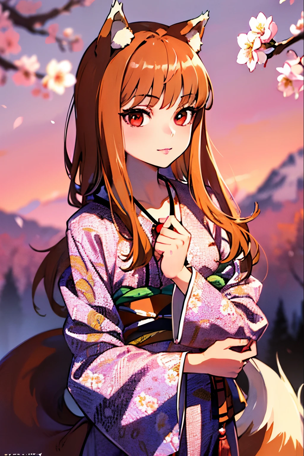 best quality, masterpiece, highres, 1girl, Luxury kimono, beautiful face, hair ornament, looking at viewer, smile, closed mouth, lips, dress, hair ornament, necklace, jewelry, long hair, earrings, Beautiful face, upon body, tyndall effect, photorealistic, Cherry blossom background, top-quality, 8K, 32K, nffsw:1.3, Photorealsitic:1.4, realisitic:1.2, Raw photography, Holo (Spice and Wolf), wolf tail,1 tail