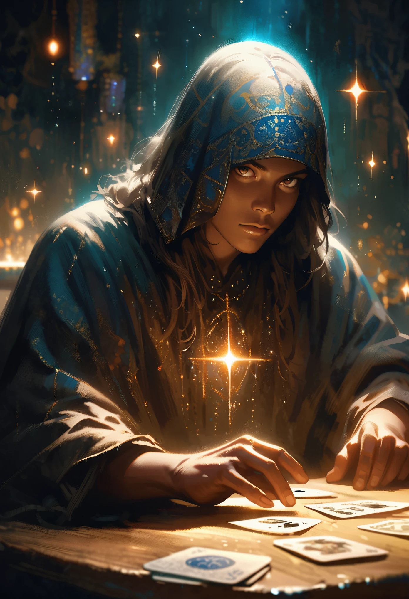 impressionism painting, realistic, 1boy, fortune teller, tarot cards at a table, looking at viewer, dark skin, mystical, magical, glow, glowing, dark magical lighting, moody, cinematic, sparkle, glittering, darkness