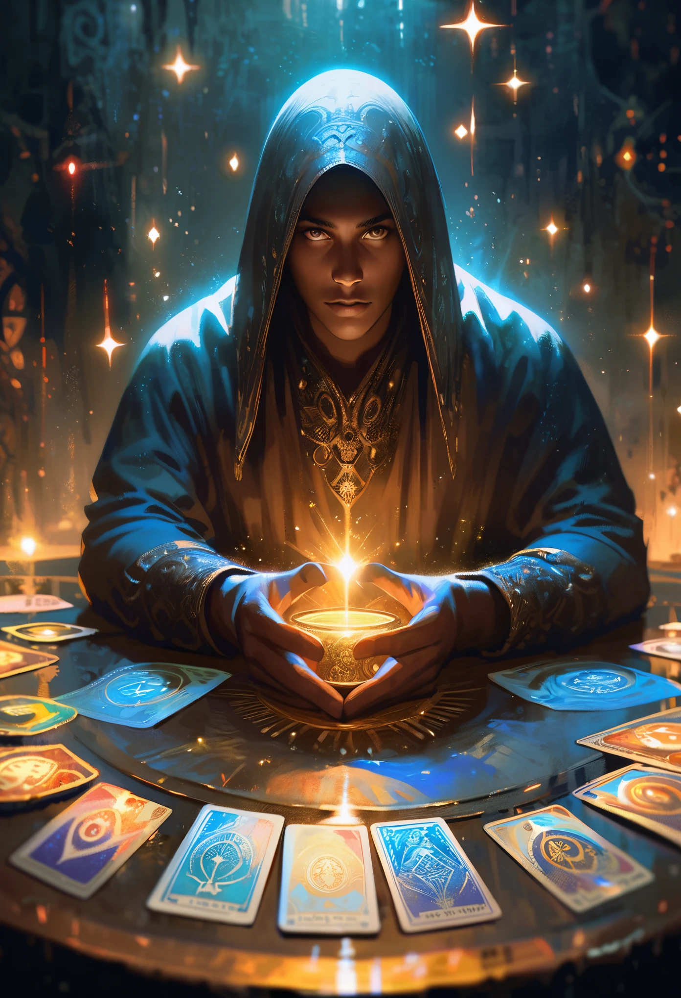 impressionism painting, realistic, 1boy, fortune teller, tarot cards at a table, looking at viewer, dark skin, mystical, magical, glow, glowing, dark magical lighting, moody, cinematic, sparkle, glittering, darkness
