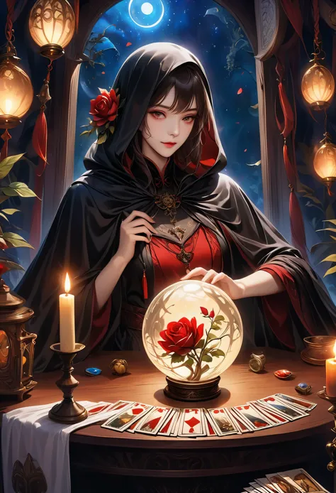 A beautiful and mysterious fortune teller in a compact and intriguing setting. The fortune teller is wearing a cloak, with exqui...