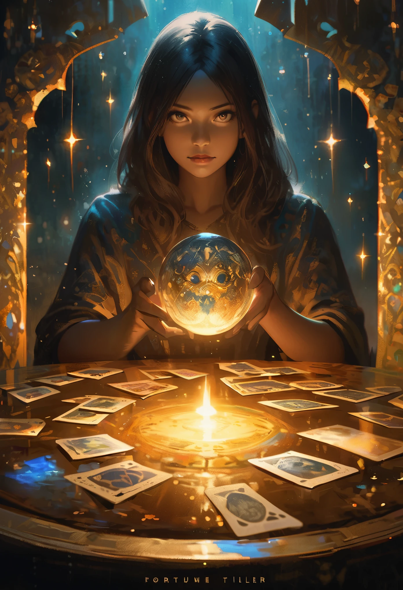 impressionism painting, realistic, 1boy, fortune teller, tarot cards at a table, looking at viewer, dark skin, mystical, magical, glow, glowing, dark magical lighting, moody, cinematic, sparkle, glittering, darkness