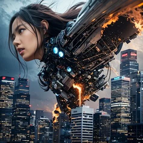 （one young beautiful japanese woman、several robots destroying the city）、sf、a woman with telekinetic powers、the space around the ...