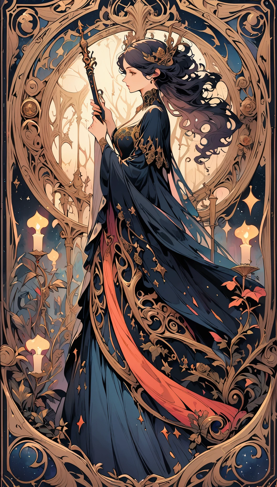 (best quality, highres), The Pied Piper Tarot Card, detailed illustration, vintage style, mystical, magical, enchanting, dark color scheme, candlelit, intricate details, flowing clothes, mesmerizing flute, rats following, hidden symbols, mystical aura