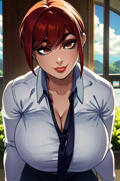  1girl, solo, mole above mouth, earrings, red eyes, jewelry, makeup,  looking at viewer, necktie, red hair, blurry, food, red ne...
