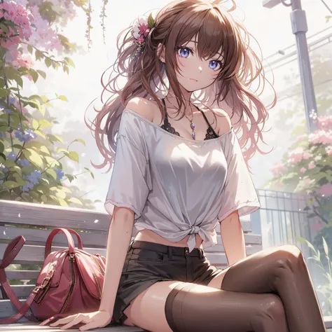 anime girl sitting on a bench with a purse and a handbag, beautiful anime girl, seductive anime girl, attractive anime girl, pre...