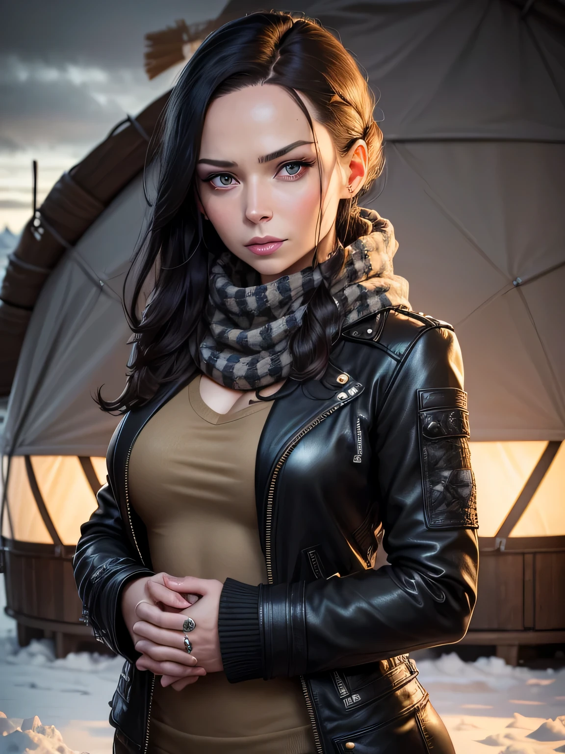 Arafed woman in a leather jacket and scarf posing for a picture - SeaArt AI