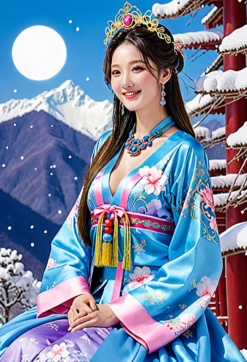 ((mesa、top-qualistoy、Top image qualistoy、em 8K、Obras premiadas))、uma deusa chinesa、(O traje gigante de deusa mais lindo e extravagante:1.3)、(Deusa&#39;o melhor traje rosa e roxo:1.3)、(O furisódio mais luxuoso em rosa e azul claro:1.1)、(foto da parte superior do corpo:1.1)、anatomia precisa、o maior sorriso quando você olha para mim、a decoração mais complexa e luxuosa、grande quantidade de decoração de joias、isto&#39;está nevando muito、Neve fantástica、O histórico mais complexo e detalhado、O fundo é uma vasta paisagem de neve montanhosa nevada