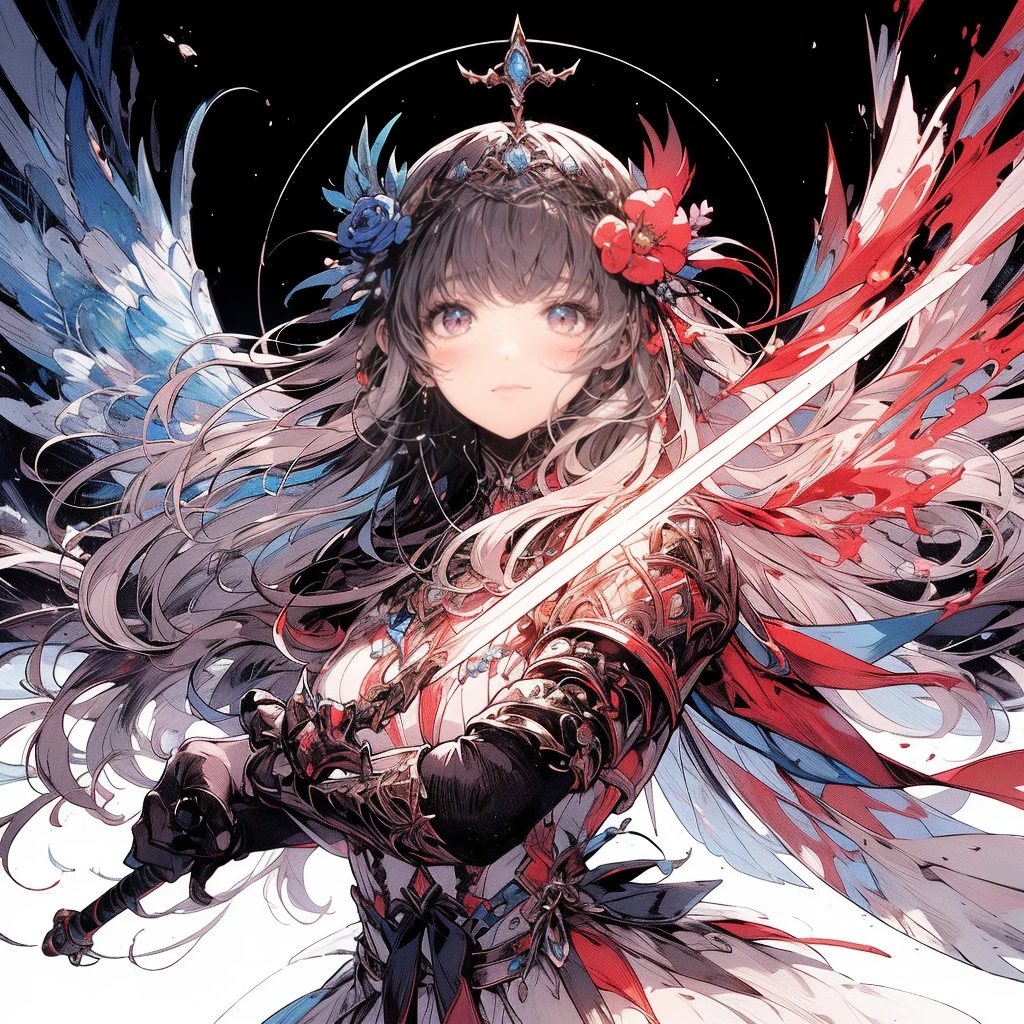 (exquisite, beautiful, very detailed, masterpiece, high quality,High resolution),(soft thin lines:1.2, beautiful and delicate face),In the darkness, a fairy princess knight holds a sword wrapped in flame magic and looks at me.,body whole,from a little far away,butterfly-like fairy wings, The fire is rising,((A red dress with a flame motif,lace and jewels and frills)),(The ends of her hair look like flames,The ends of the hair shine),(earrings,beautifulチョーカー,Gold ankles),(deep pink cheeks,plump pink lips,Fair skin, slim), (serious,battle scene,fantasy),Mature,