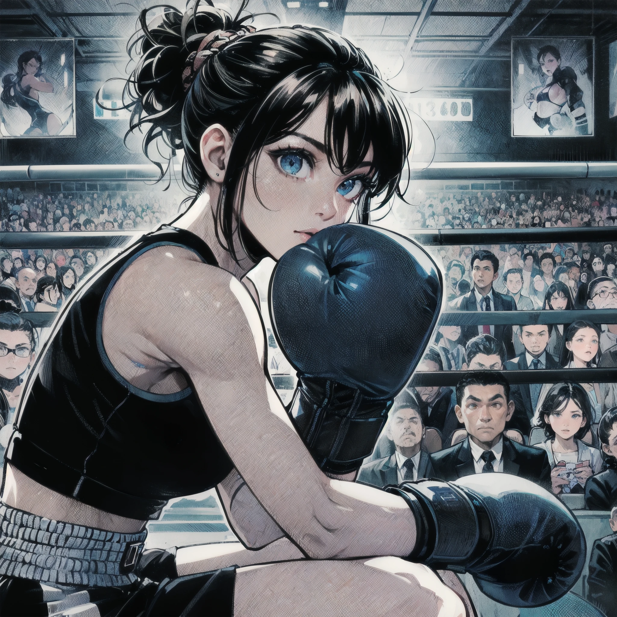 Anime girl in boxing stance with crowd in background - SeaArt AI