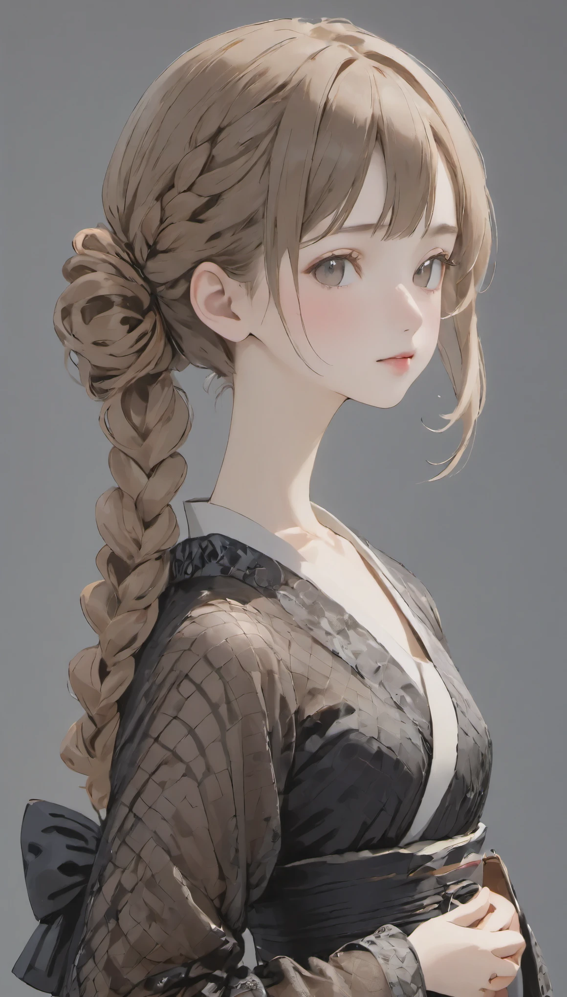 High resolution, High level image quality, high detail,, anatomically correct, sharp, gray background、((Japanese)), alone,skin as white as snow,Fair skin、plump lips、very cute、(((small breasts、small breasts)))、An ennui look、 well-shaped chest, mesh brown hair、twin tails:1.3、short hairのtwin tails:1.1、short hair、Stylish black dress:1.3、(((stand upright, facing the center of the screen.))) ((upper body angle))、Raw photo、highest quality、super resolution、best image quality、masterpiece、８K