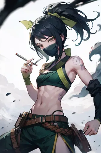 Akali, cigarette in mouth, abs, tatoo, smoke, remove mask, smoking, 