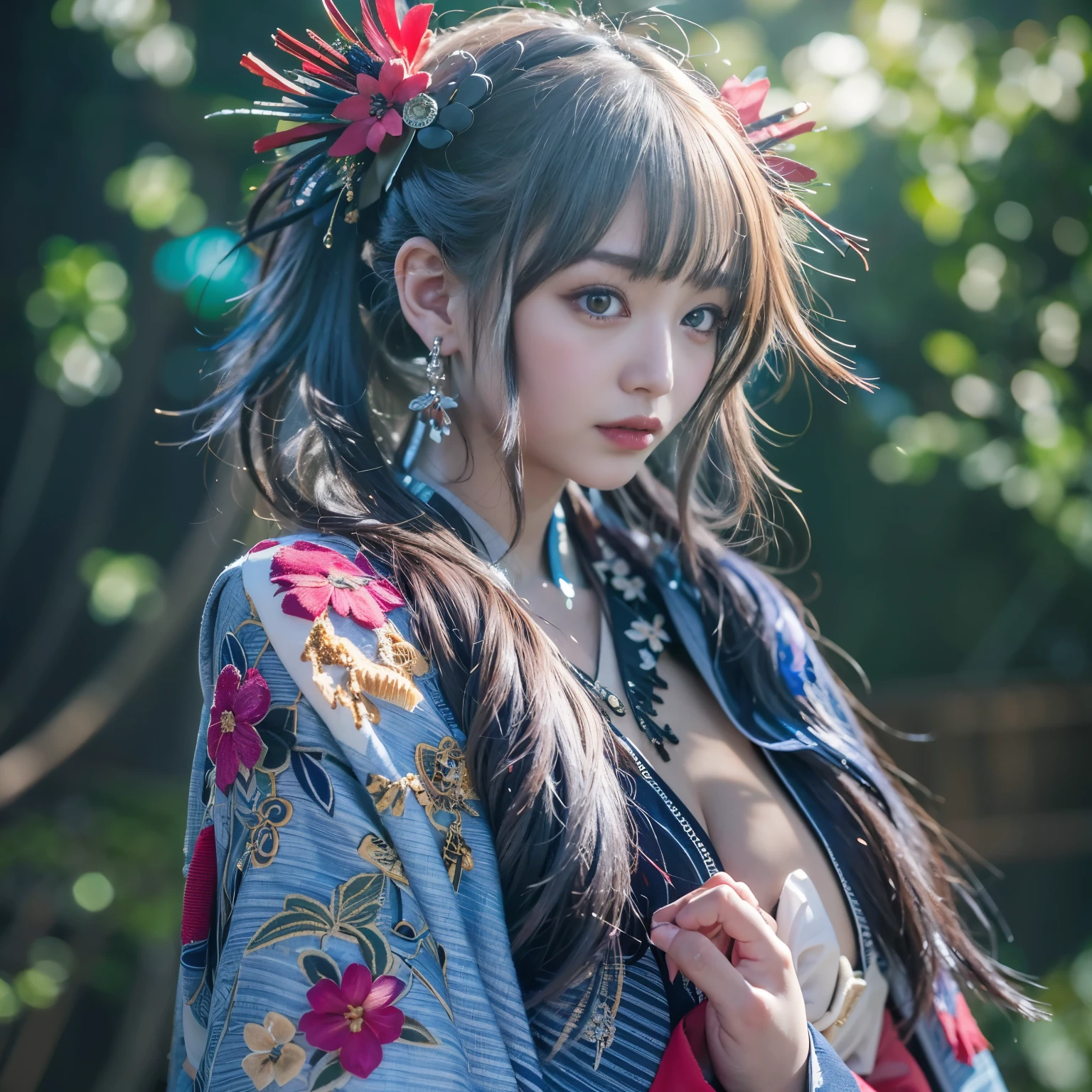 (8 k、RAW photo、highest quality、masterpiece、Photorealistic:1.3)、(Super detailed、high_permission、professional lighting、Lens flare、Ambient dimming:1.1)、1 girl、(kimono gothic:1.5)、on stage、Dance、Hold the microphone in your hand、(embroidery)、hair ornaments、Realistic bare skin、searchlight、Take a photo of your whole body、blue、Young woman、dynamic angle、