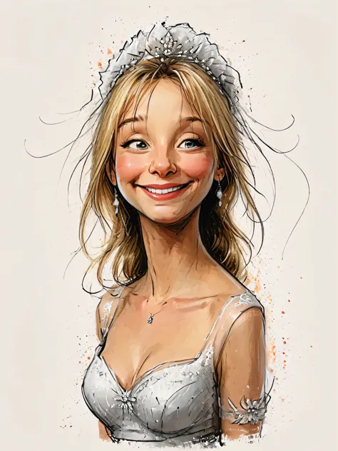 impactful color paint of cute drawing of phoebe buffay (played by lisa kudrow), 25 years old, wearing wedding dress and veil, hi...