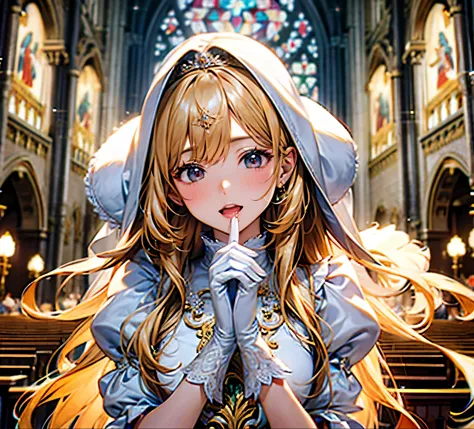 In front of the altar of a majestic church、（blurred background）、brighter light、golden long hair girl、classic white wedding dress...