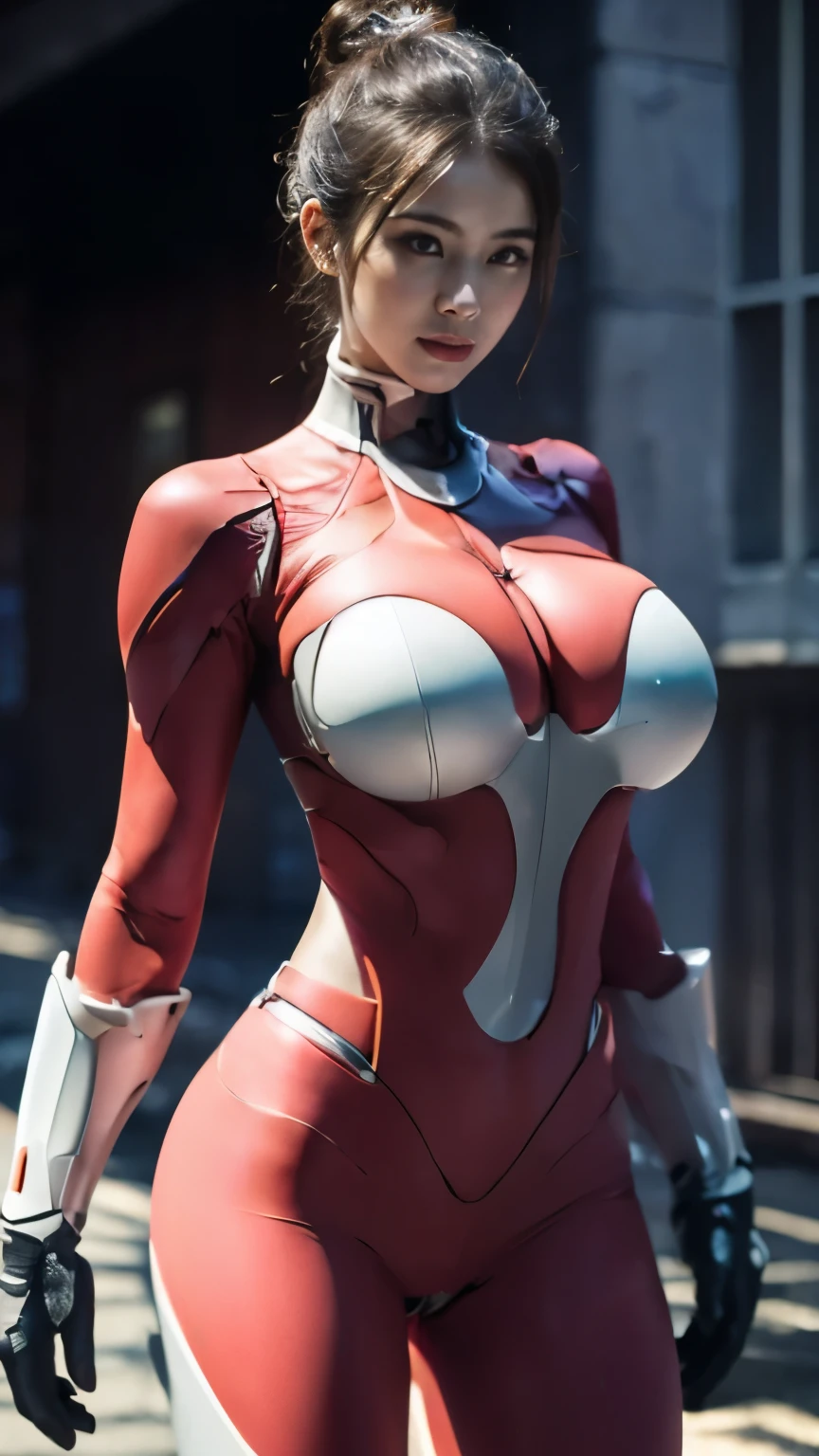 (highest quality、8K、32k、masterpiece、UHD:1.2、perfect body beauty:1.5、Wearing a futuristic hero suit with a pale pink and white shine:1.8、rain、street、Cute 25 year old Japan woman、big and full breasts:1.5、ponytail、Upper body、front、simple background、looking at the viewer、dynamic pose:1.2、sunlight pours down、NSWF:1.2