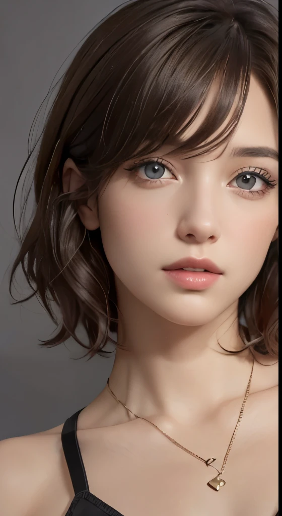 (representative work:1.4)、(8K、realistic、RAW photo、Highest image quality:1.4)、(30 year old mature woman)、beautiful face、(realisticな顔)、(dark brown hair、short hair:1.3)、beautiful hairstyle、realistic eyes、Detailed and beautiful eyes、(realisticな肌)、beautiful skin、wearing a pendant、charm、超High resolution、surreal、High resolution、golden ratio、gray background