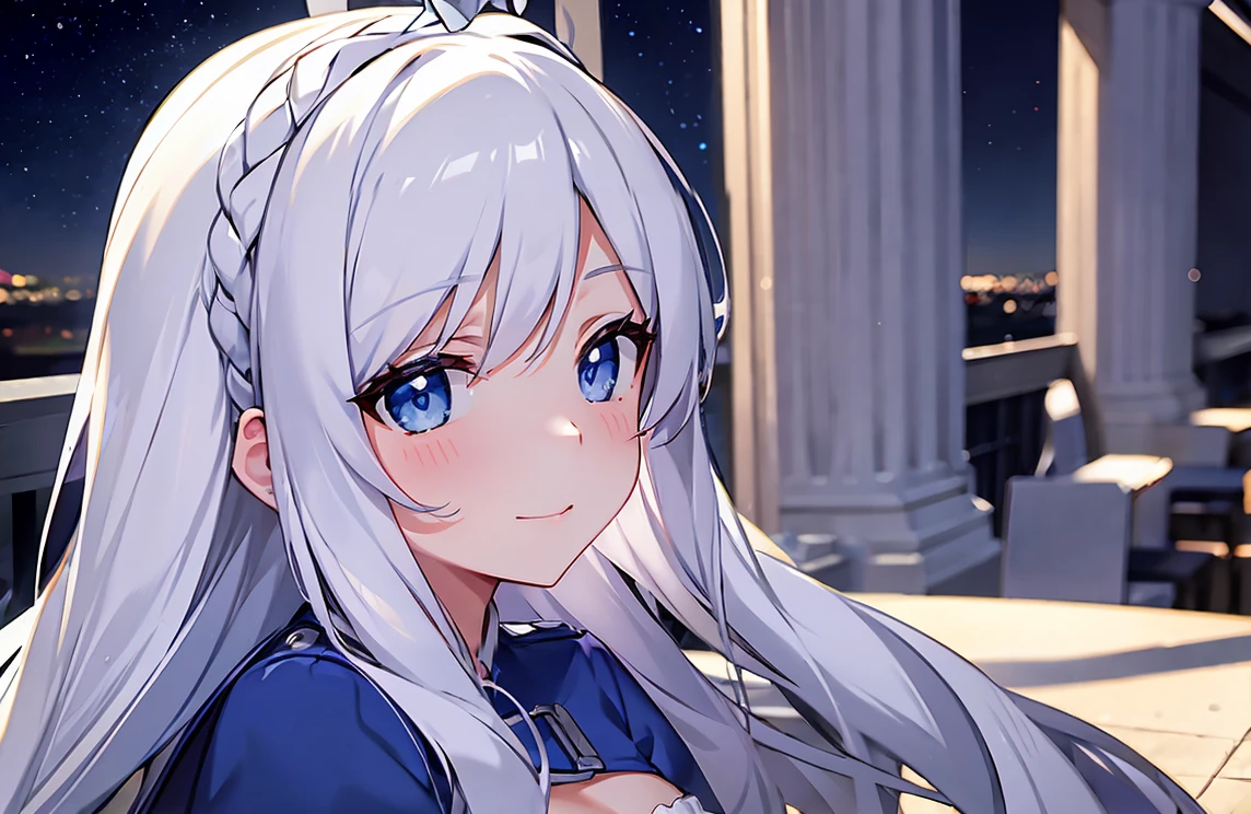  (top quality, masterpiece), 1 girl, white hair, starry sky, (clear light blue eyes), ahoge, aho girl, white black dress, (space)), short height, soft light, straight hair, Princess hairstyle, Ahoge, smile,