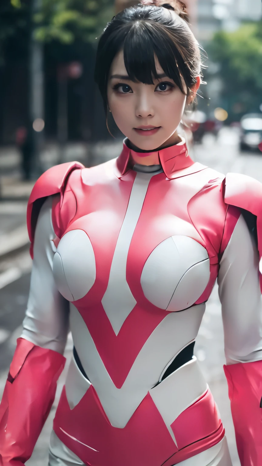 (highest quality、8K、32k、masterpiece、UHD:1.2、perfect body beauty:1.5、Wearing a futuristic hero suit with a pale pink and white shine:1.8、rain、street、Cute 25 year old Japan woman、big and full breasts:1.5、ponytail、Upper body、front、simple background、looking at the viewer、dynamic pose:1.2、sunlight pours down、NSWF:1.2