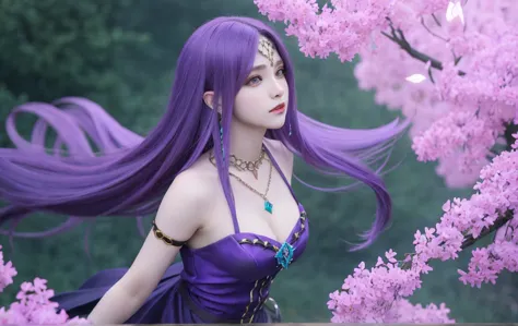 woman, long purple hair, wearing facial necklace, cruel, beautiful, realistic, purple edge, cinematic light, novaria mobile lege...