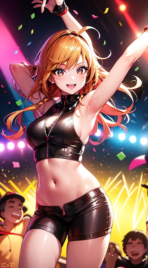 anime girl,short mini red  jumpsuit, unzip to belly, headphones,dj turntable set,club lighting,stage,confetti,dancing,smiling,(b...