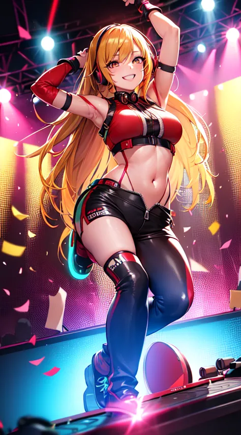 anime girl,short mini red  jumpsuit, unzip to belly, headphones,dj turntable set,club lighting,stage,confetti,dancing,smiling,(b...