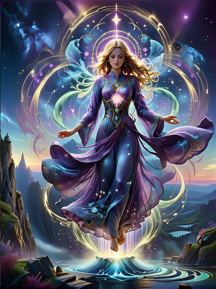 (tarot card:1.5，Rotational symmetry，center），A figure stands on a cliff, enveloped in swirling streams of cosmic energy, amidst a dreamy, nebulous landscape. The silhouette of the person is wrapped in a flowing, ethereal gown that merges with the celestial currents. The sky is a tapestry of deep purples and blues, sprinkled with stars, and the landscape below is hinted at with soft, rolling mountains. The scene is one of tranquility and the sublime, capturing the majestic essence of the cosmos with a single, contemplative figure standing in awe，(Very detailed，Reasonable design，clear lines，High definition，best quality，masterpiece，8K)